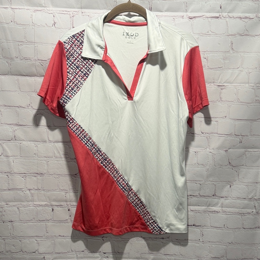 Izod Women's Coral and White Short Sleeve Golf Polo with Diagonal Print Size‎ L